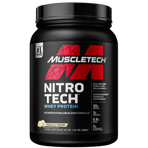Muscletech Nitro Tech whey protein container on a white background
