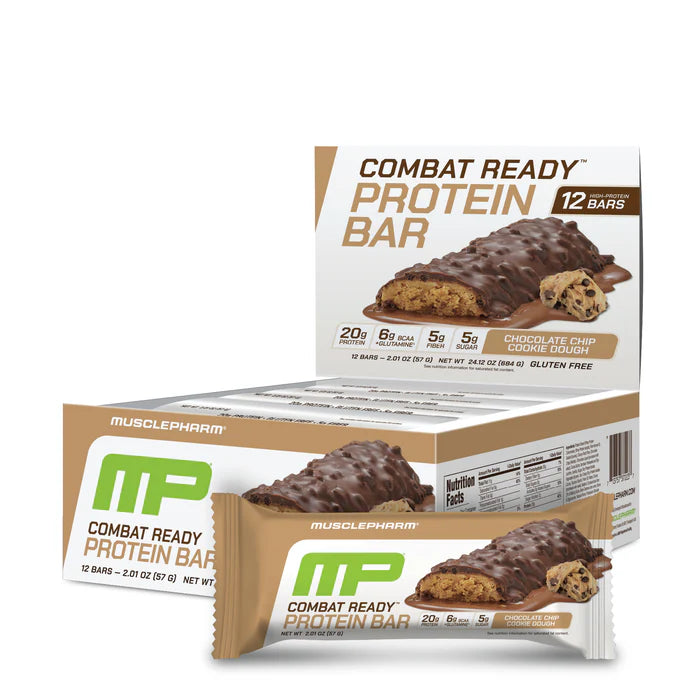 Box of MusclePharm Combat Ready Protein Bars with a single bar on a white background