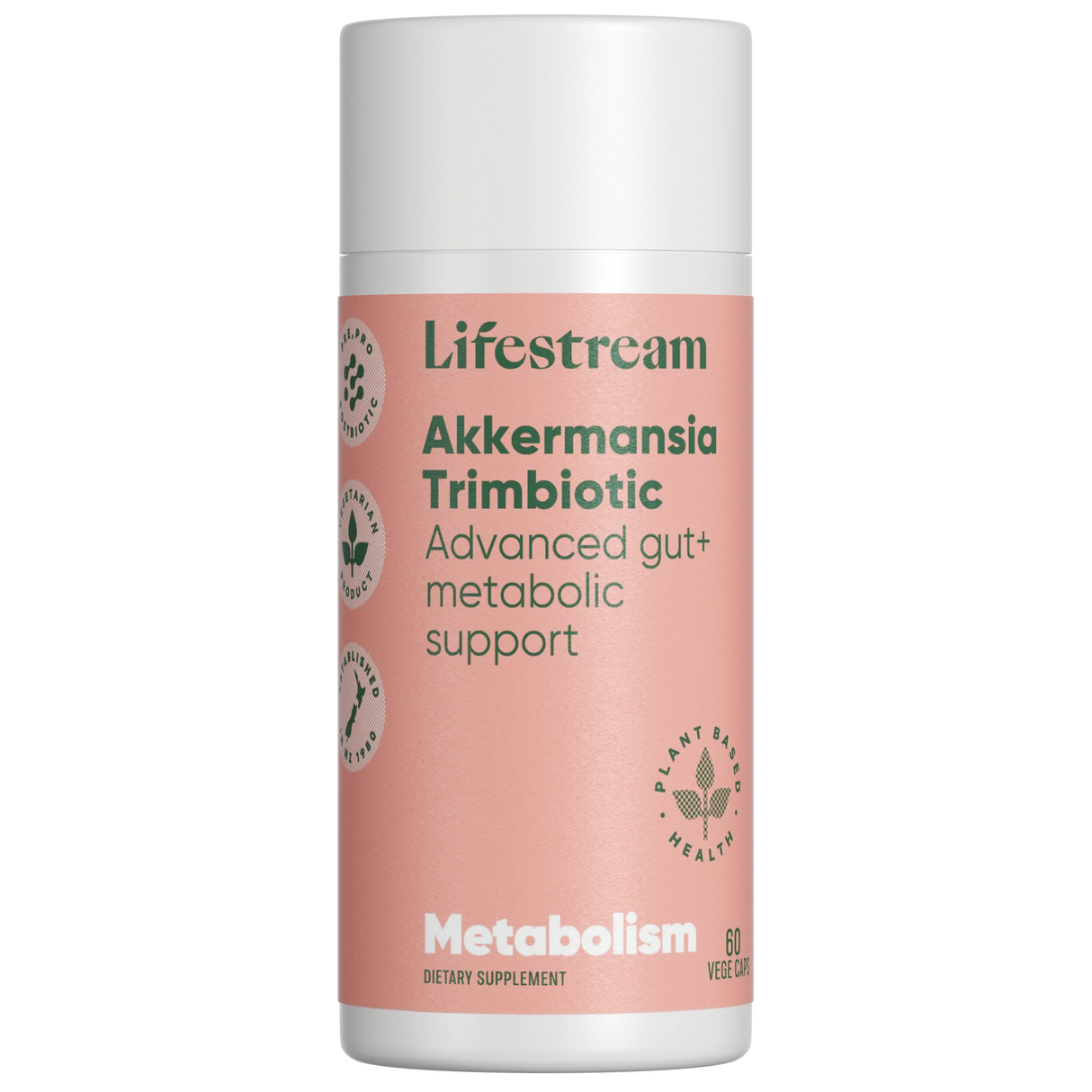 Lifestream Akkermansia Trimbiotic supplement container on a white background