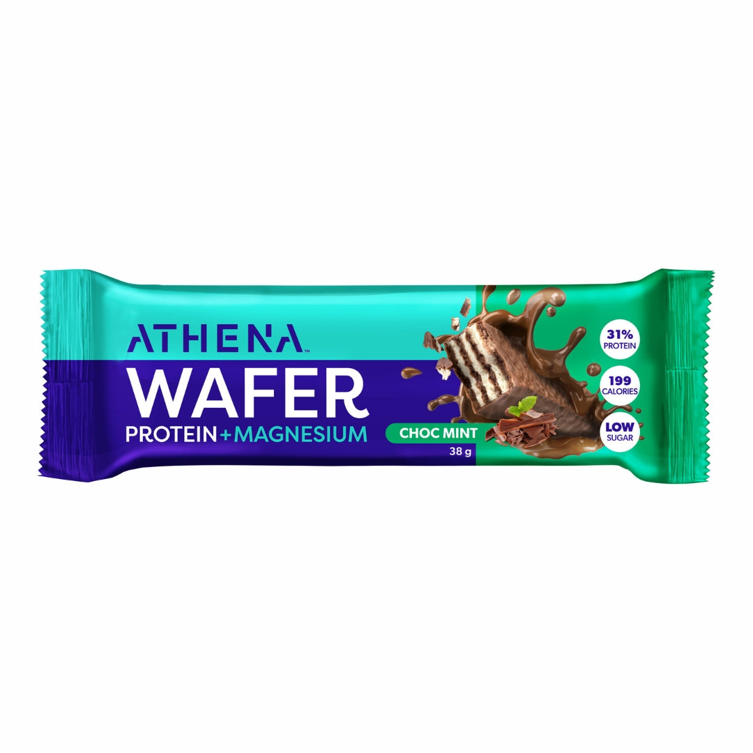 Athena Wafer Protein + Magnesium Choc Mint bar packaging on a white background