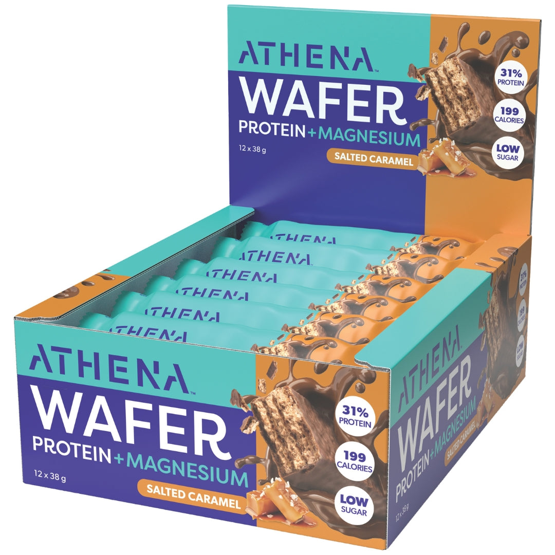 Box of Athena Wafer Protein + Magnesium Salted Caramel flavor on a white background
