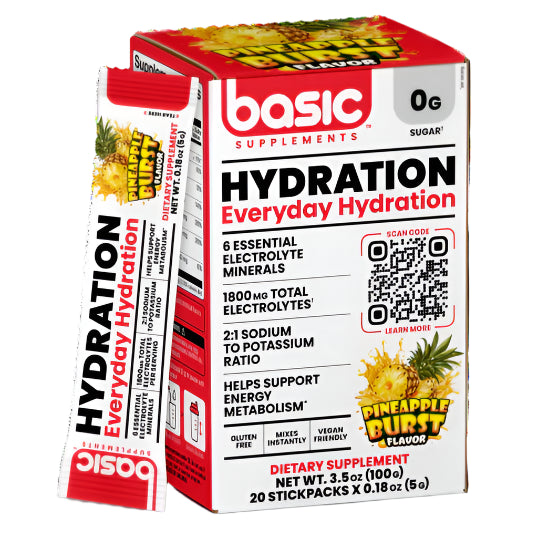 Box of Basic Supplements Hydration Everyday Hydration with pineapple flavor on a white background