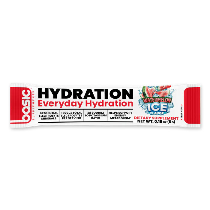 Hydration supplement stick pack on a white background
