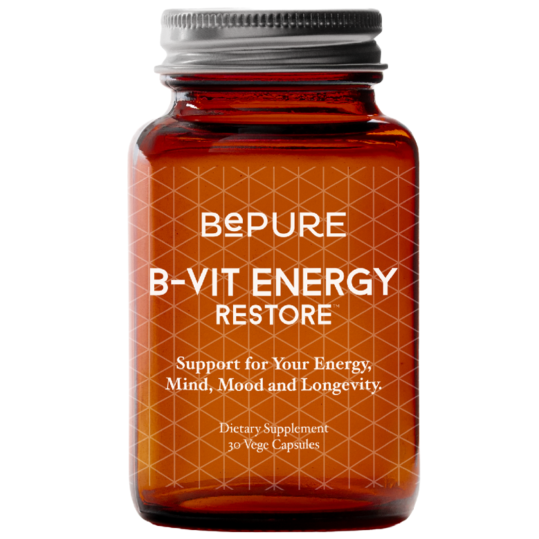 BePure B-Vit Energy Restore supplement bottle on a white background