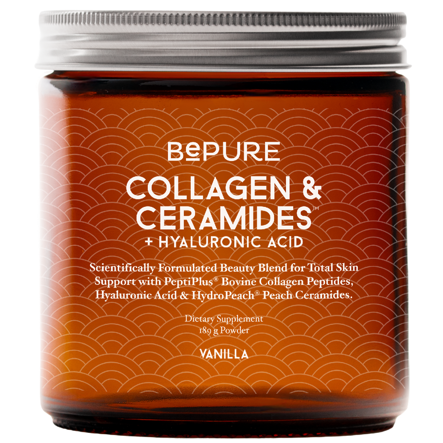 Jar of Bepure Collagen & Ceramides supplement with vanilla flavor on a white background