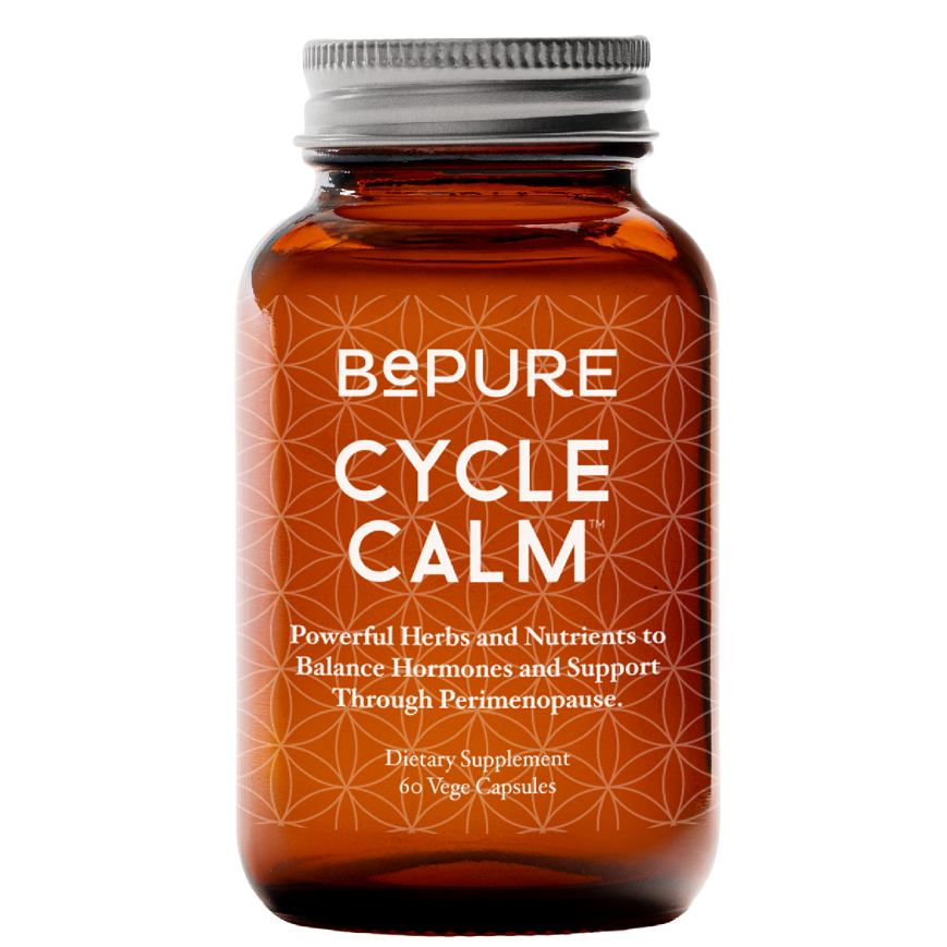 Brown supplement bottle labeled 'Cycle Calm' on a white background
