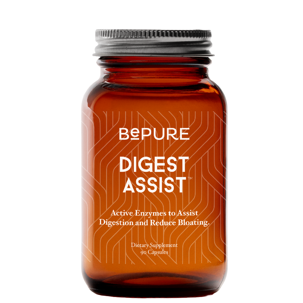 Brown supplement bottle labeled 'Bepure Digest Assist' on a white background