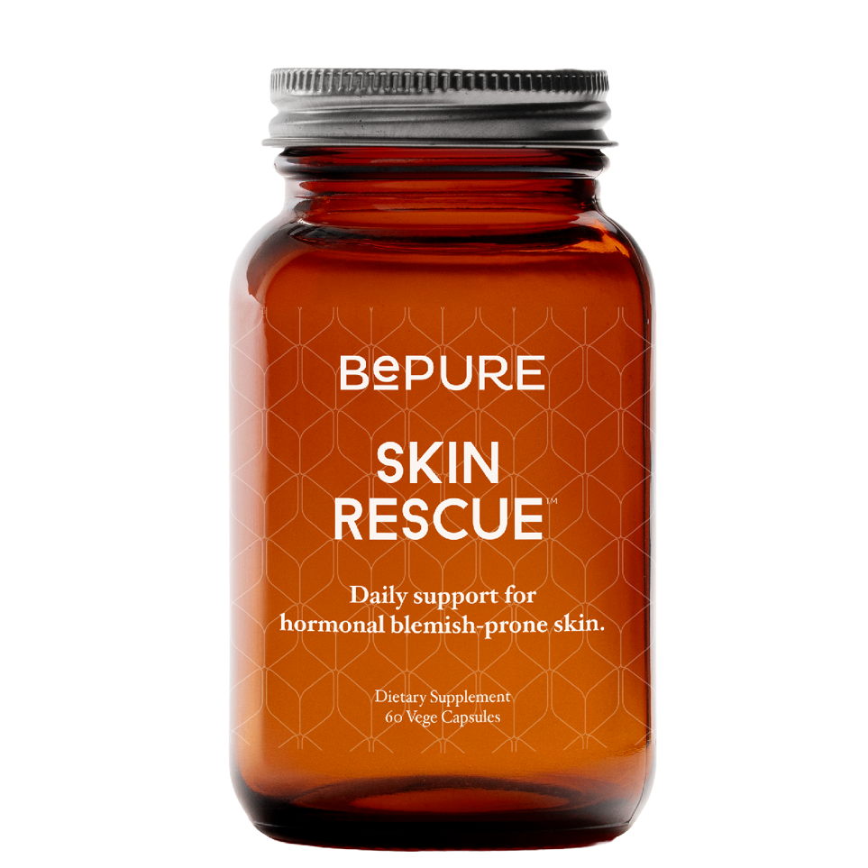Amber bottle labeled 'Bepure Skin Rescue' on a white background