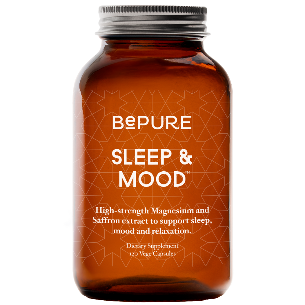 Brown supplement bottle labeled 'Bepure Sleep & Mood' on a white background