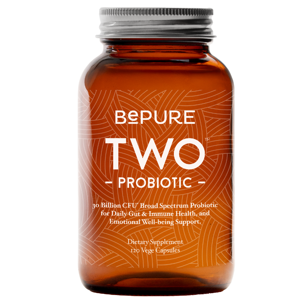 Brown supplement bottle labeled 'Bepure Two Probiotic' on a white background