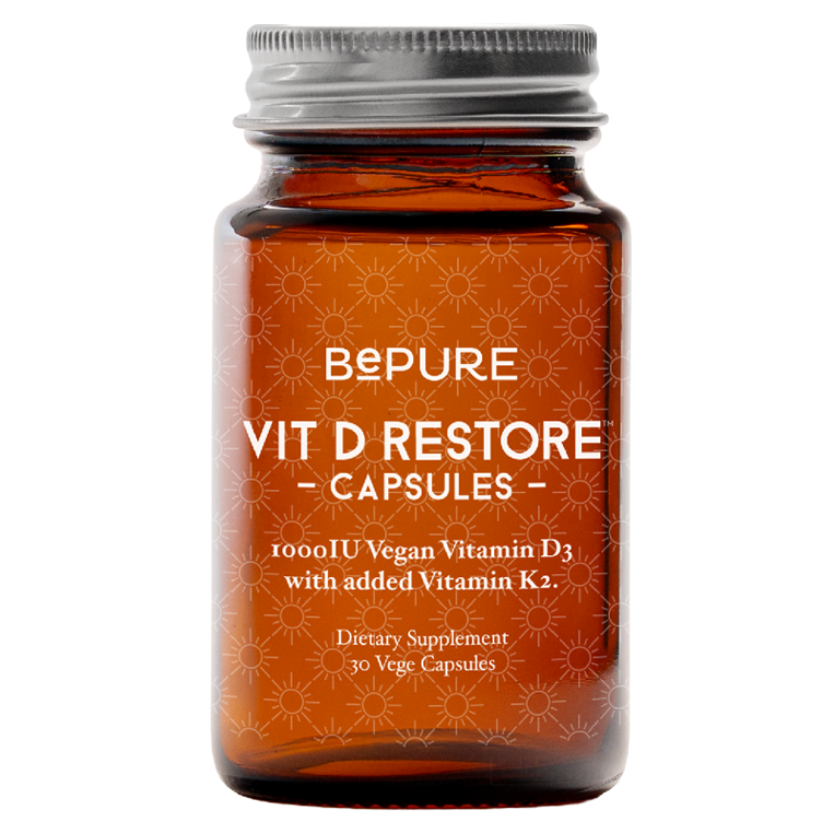 Bottle of Bepure Vit D Restore Capsules on a white background