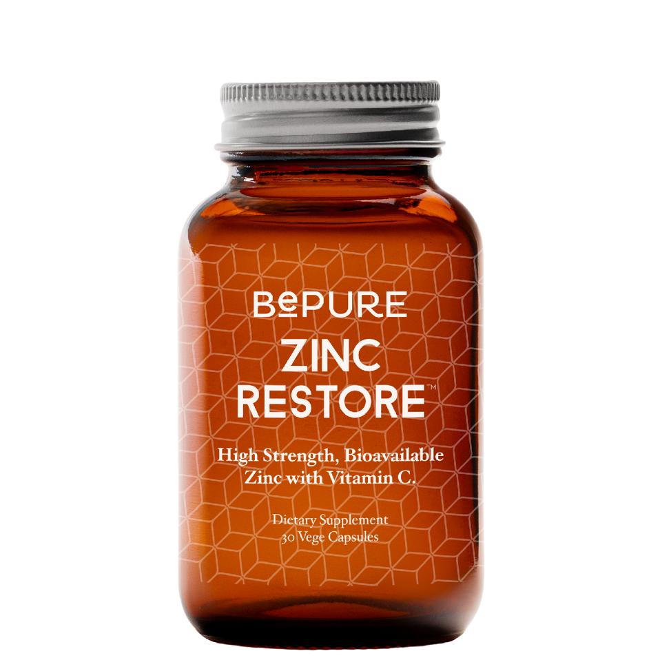 Bottle of Bepure Zinc Restore supplement on a white background