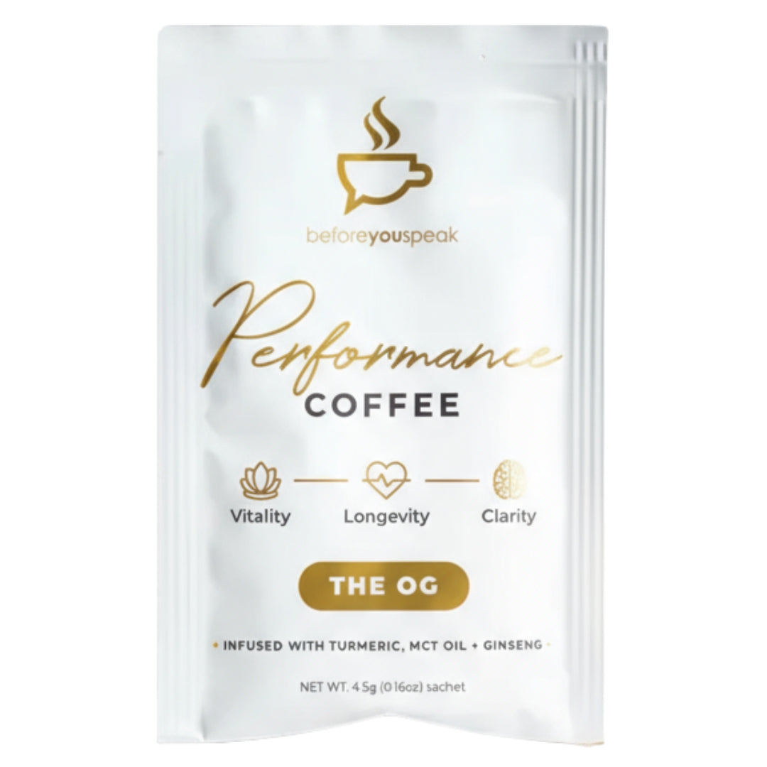 Performance Coffee package with 'beforeyouspeak' branding on a white background