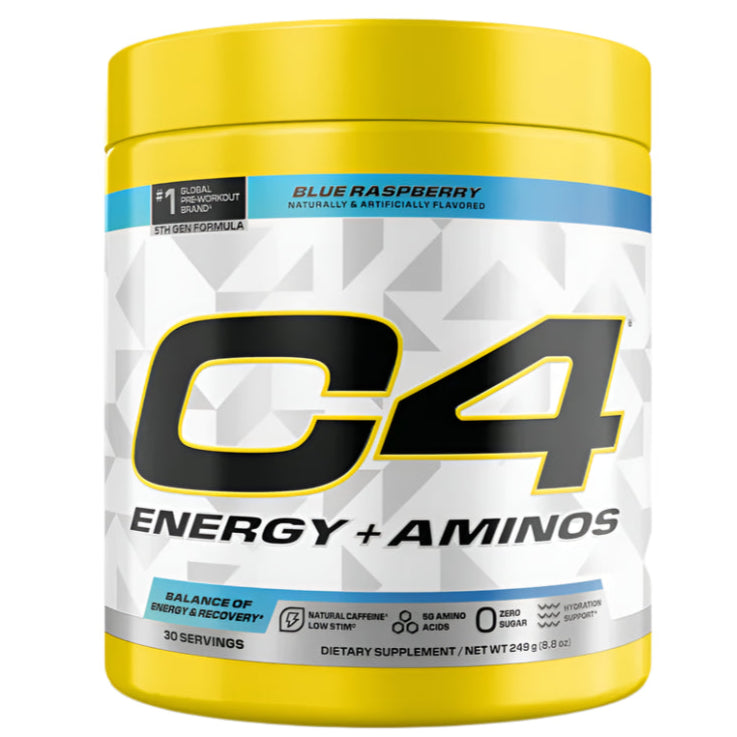 C4 Energy + Aminos supplement container with yellow lid and white body on a light gray background