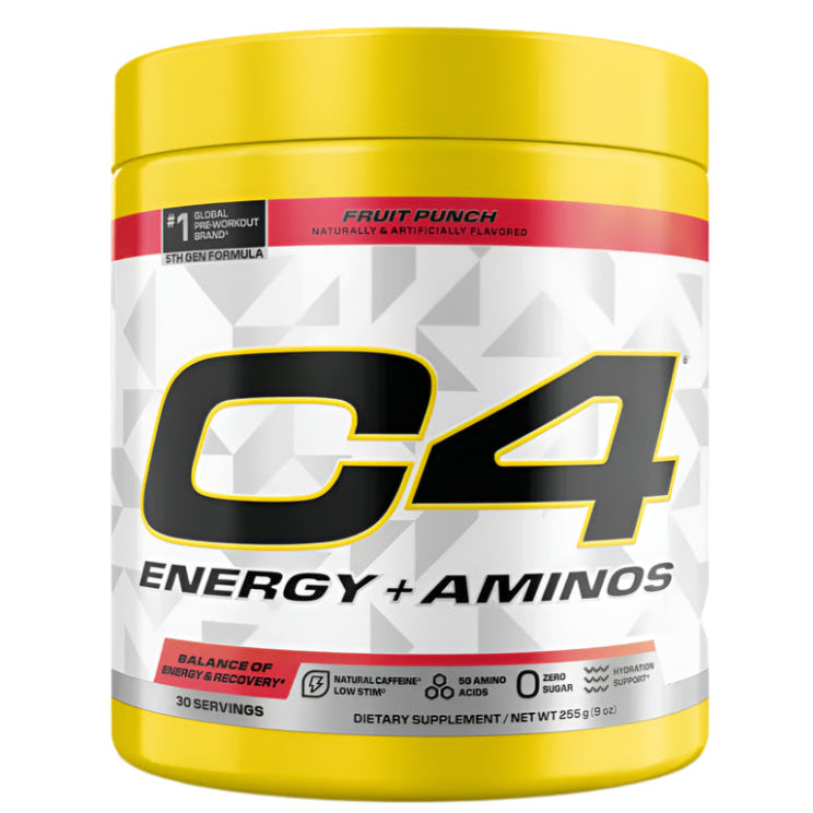 C4 Energy + Aminos supplement container with yellow lid and white body on a light gray background