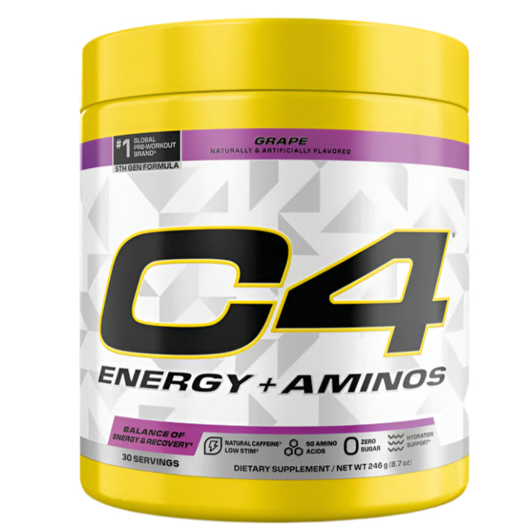C4 Energy + Aminos supplement container with yellow lid and white body on a light gray background