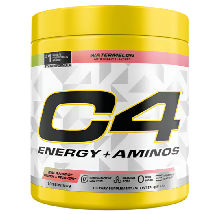 C4 Energy + Aminos supplement container with yellow lid and white body on a light gray background