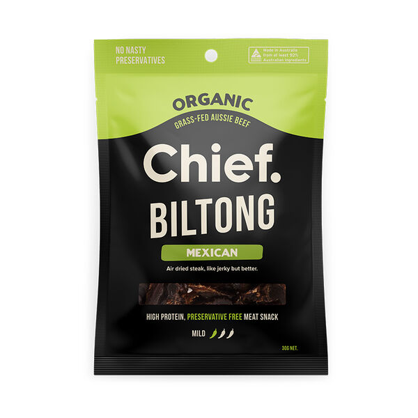 Chief Organic Biltong Mexican package on a white background