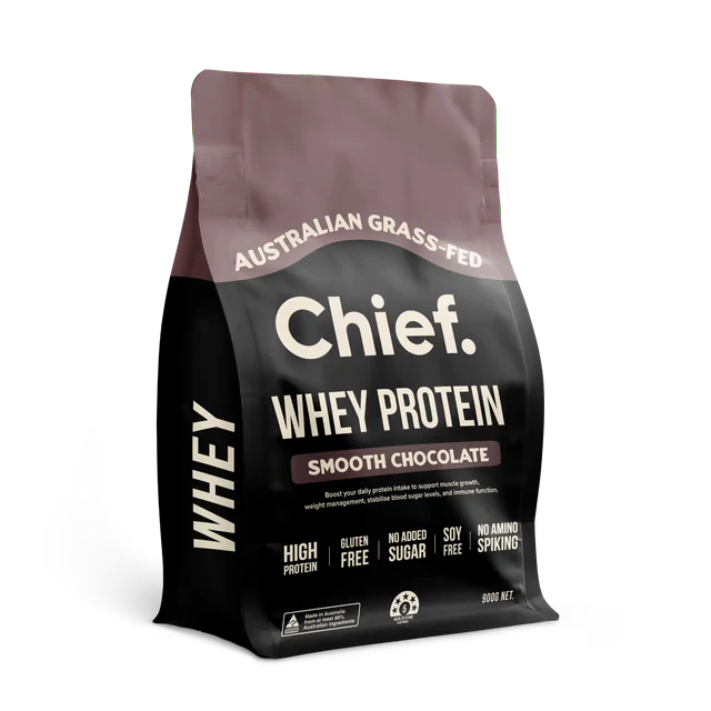 Chief Whey Protein package in smooth chocolate flavor on a white background