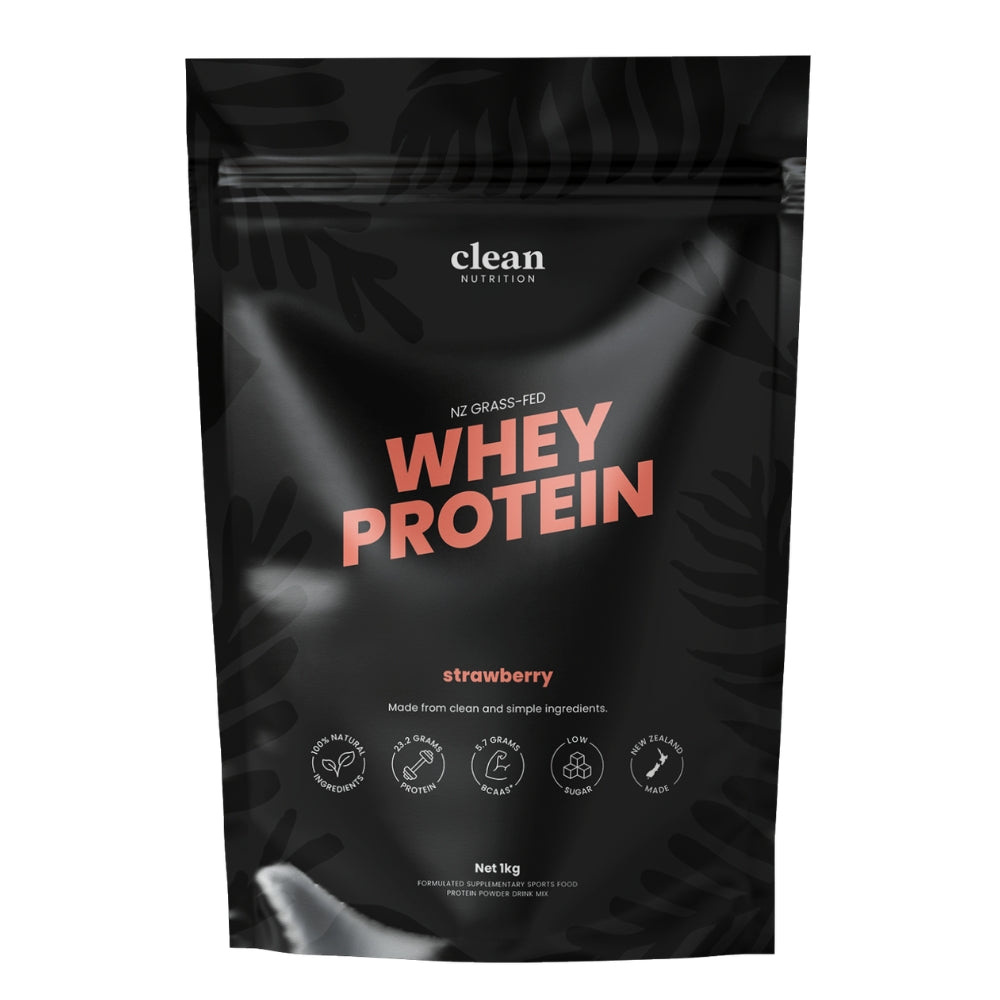 Black package of clean nutrition whey protein with strawberry flavor on a white background