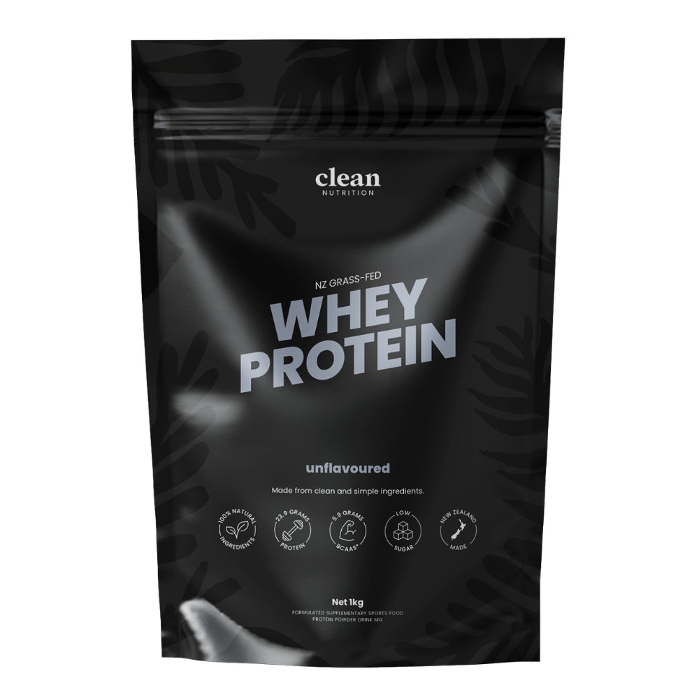 Black packaging of clean whey protein with white text on a white background. Unflavoured