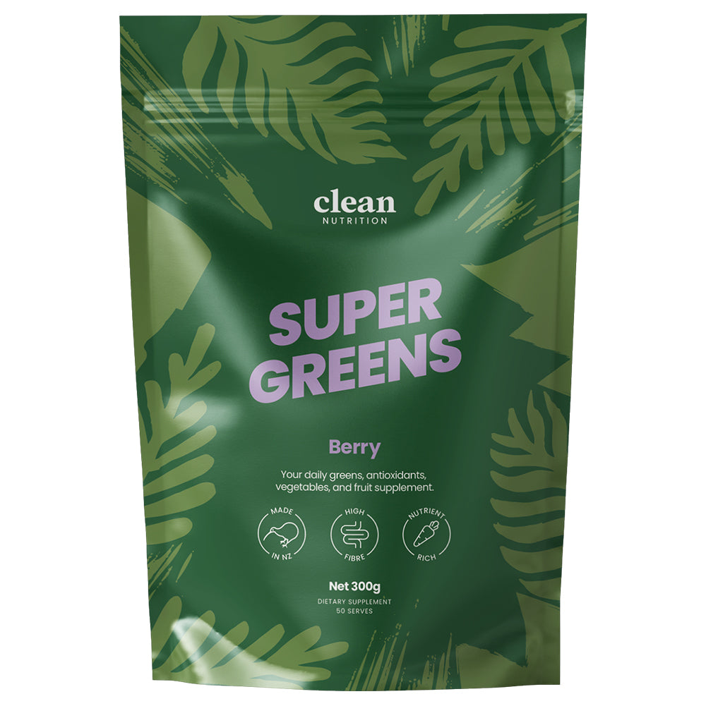 A package of Clean Nutrition Super Greens powder in Berry flavor, featuring a green leafy design and indicating 2.7g of fiber per serve.