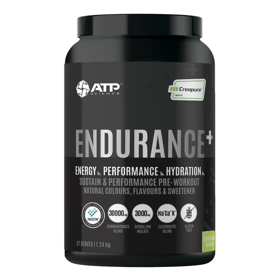 Black supplement container labeled 'Endurance+' by ATP Science on a white background