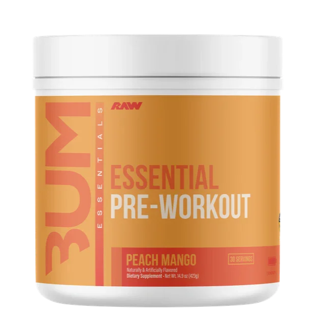 Pre-workout supplement container with 'BUM' branding on a white background