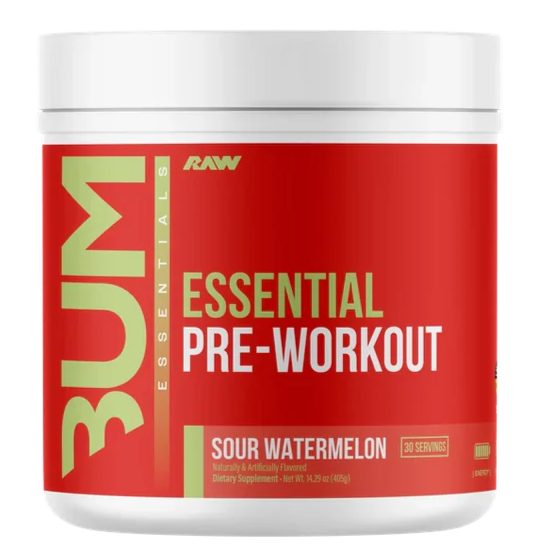 BUM Essential Pre-Workout supplement container on a white background