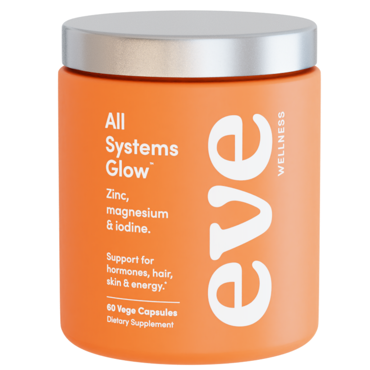 Orange supplement jar with silver lid labeled 'All Systems Glow' by Eve Wellness on a white background