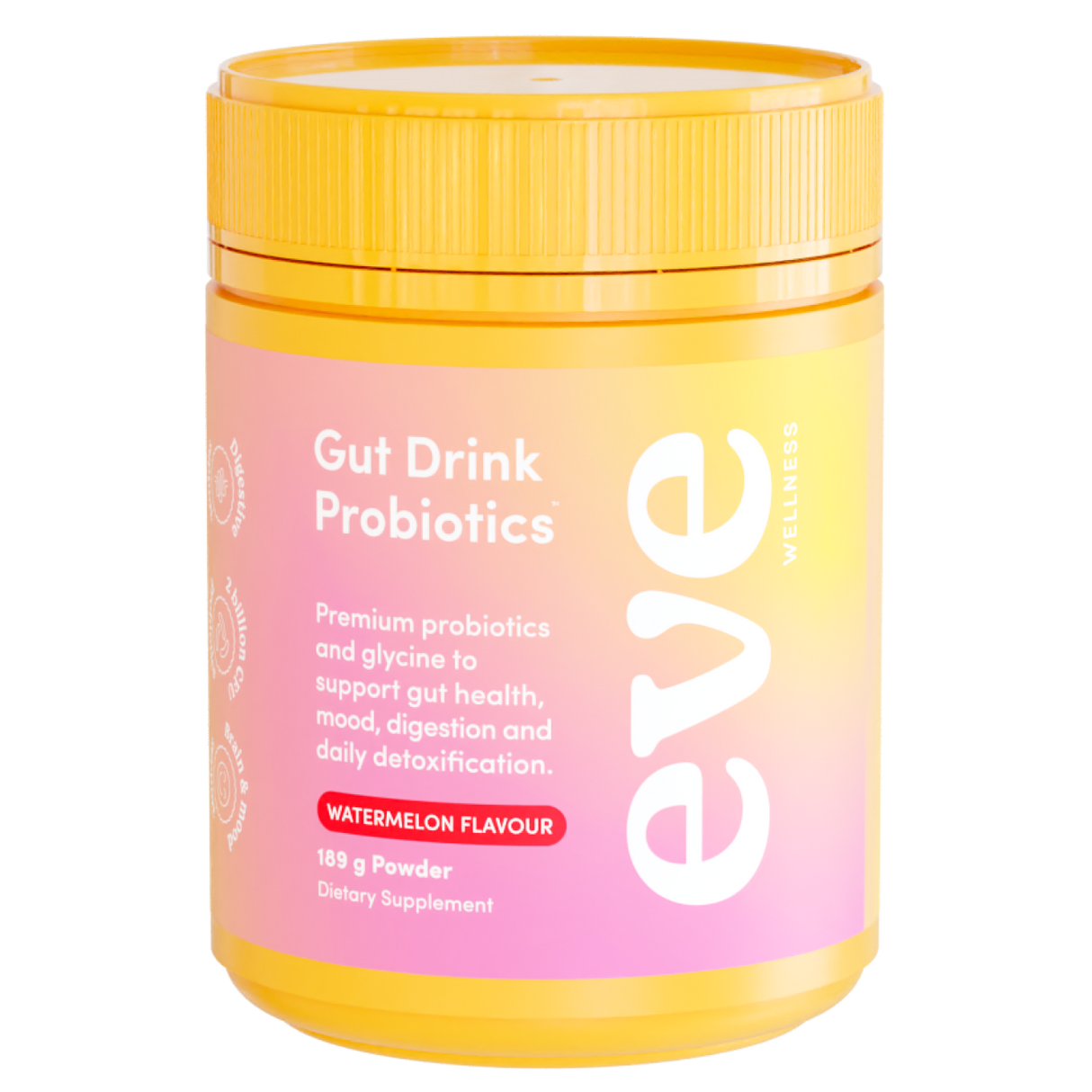 Probiotic supplement container with pink and yellow gradient label on a white background