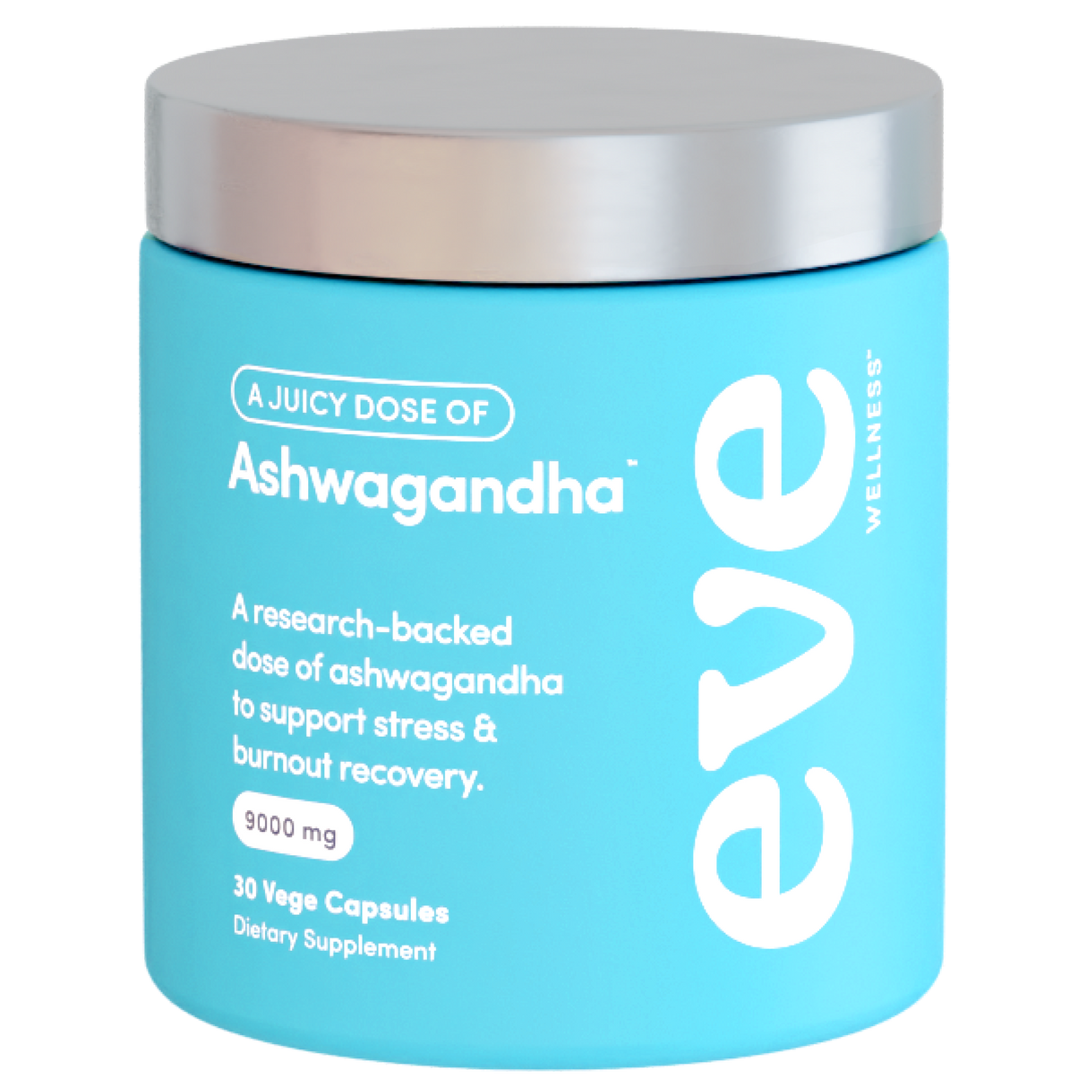 Supplement container labeled 'eve' with blue body and silver lid on a white background