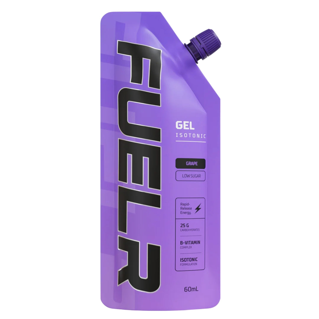 Purple 'FUEL R' gel isotonic packaging on a white background