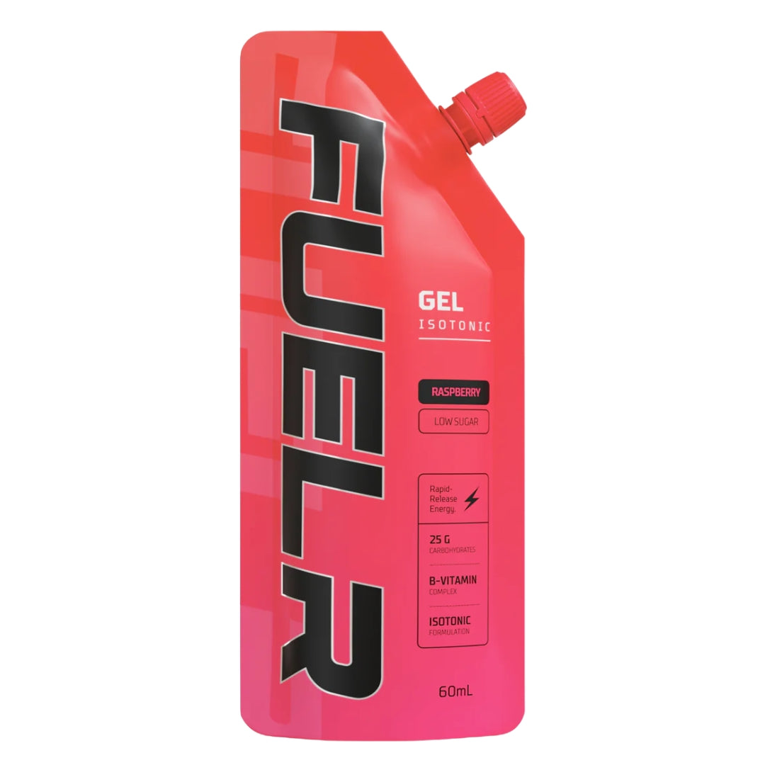 Red and pink FUELr isotonic gel packaging on a white background