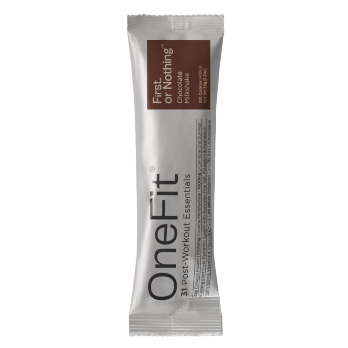 OneFit post-workout essentials packet on a light gray background