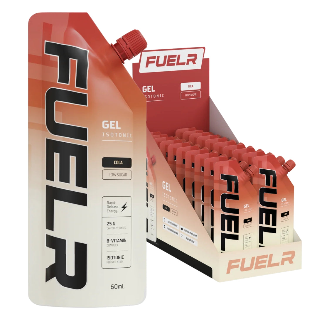 FUELr isotonic gel packaging with a display box on a white background