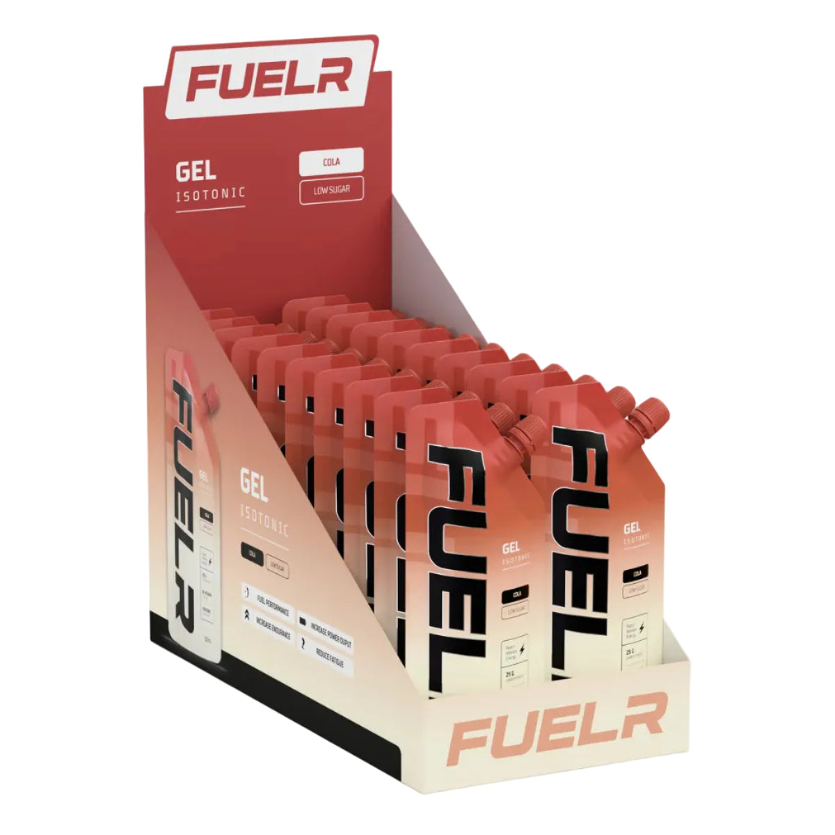 Display box of FUELr gel isotonic packets on a white background