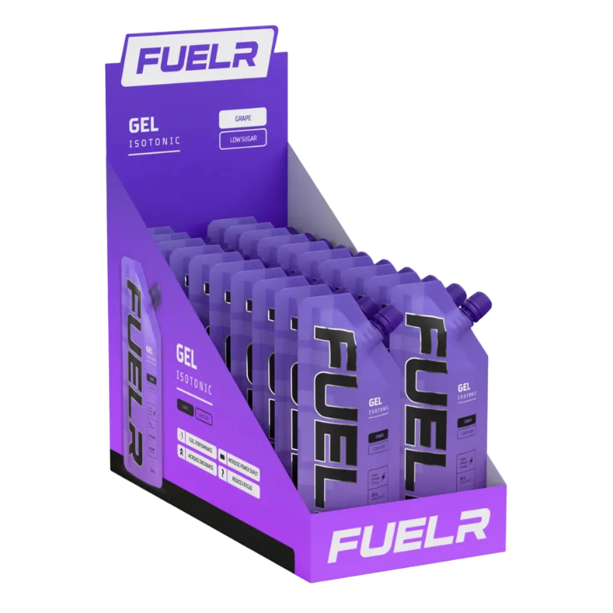 Display of purple 'FUELr' gel containers on a white background