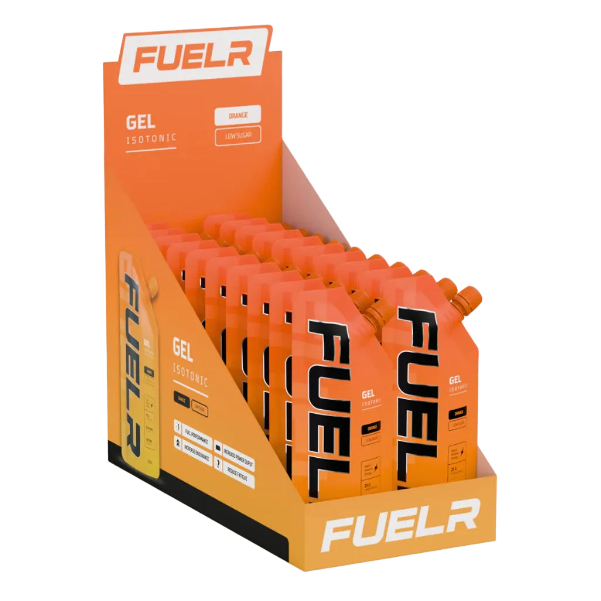 Display box of FUELr gel packets on a white background
