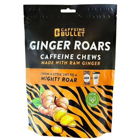 Caffeine Bullet Ginger Roars Caffeine Chews packaging on a white background