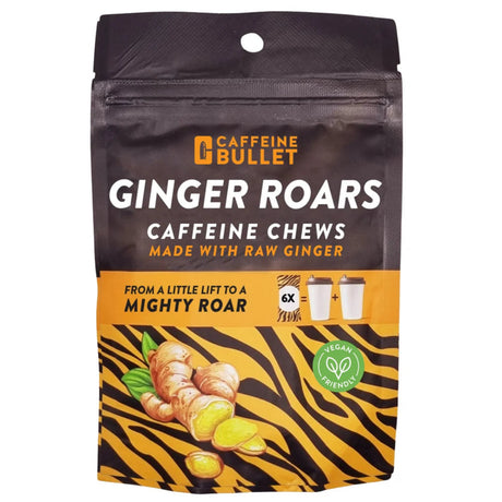 Caffeine Bullet Ginger Roars Caffeine Chews packaging on a white background
