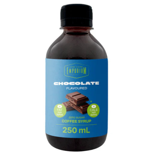 Bottle of chocolate-flavored coffee syrup with a blue label on a white background
