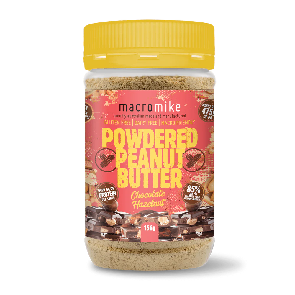 Jar of Macro Mike Powdered Peanut Butter with a yellow lid on a white background