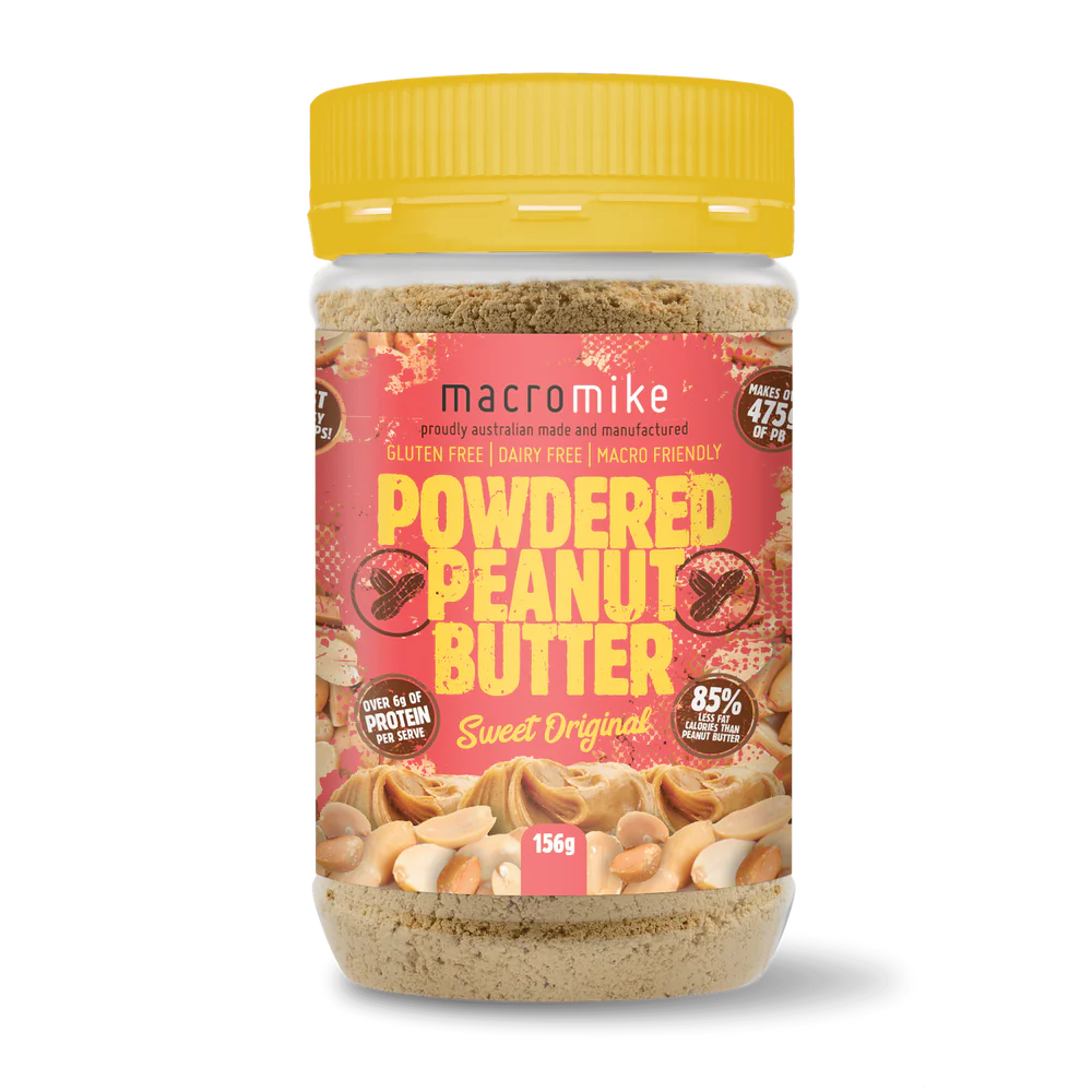 Jar of Macromike Powdered Peanut Butter on a white background