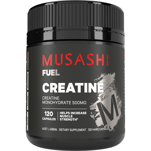 Black container of Musashi Creatine supplement with red and white text on a white background