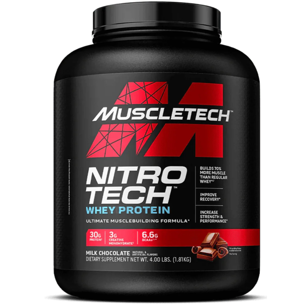 Muscletech Nitro Tech Whey Protein container on a white background