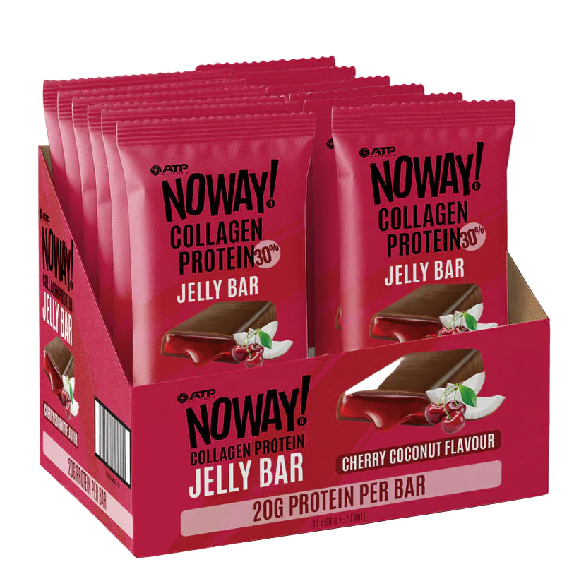Box of Noway Collagen Protein Jelly Bars with cherry coconut flavor on a white background