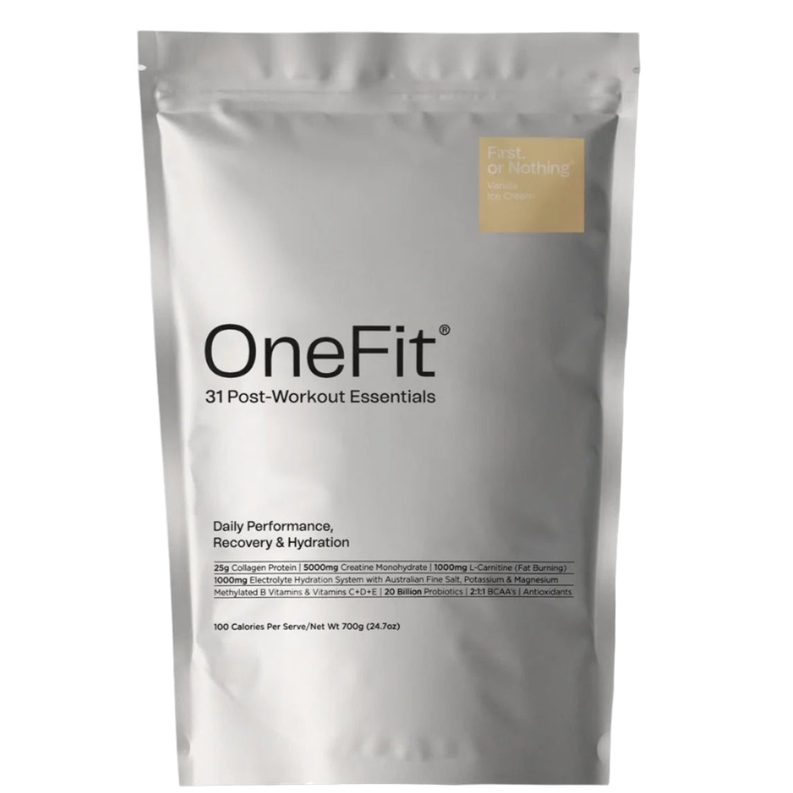 OneFit post-workout essentials package on a light gray background