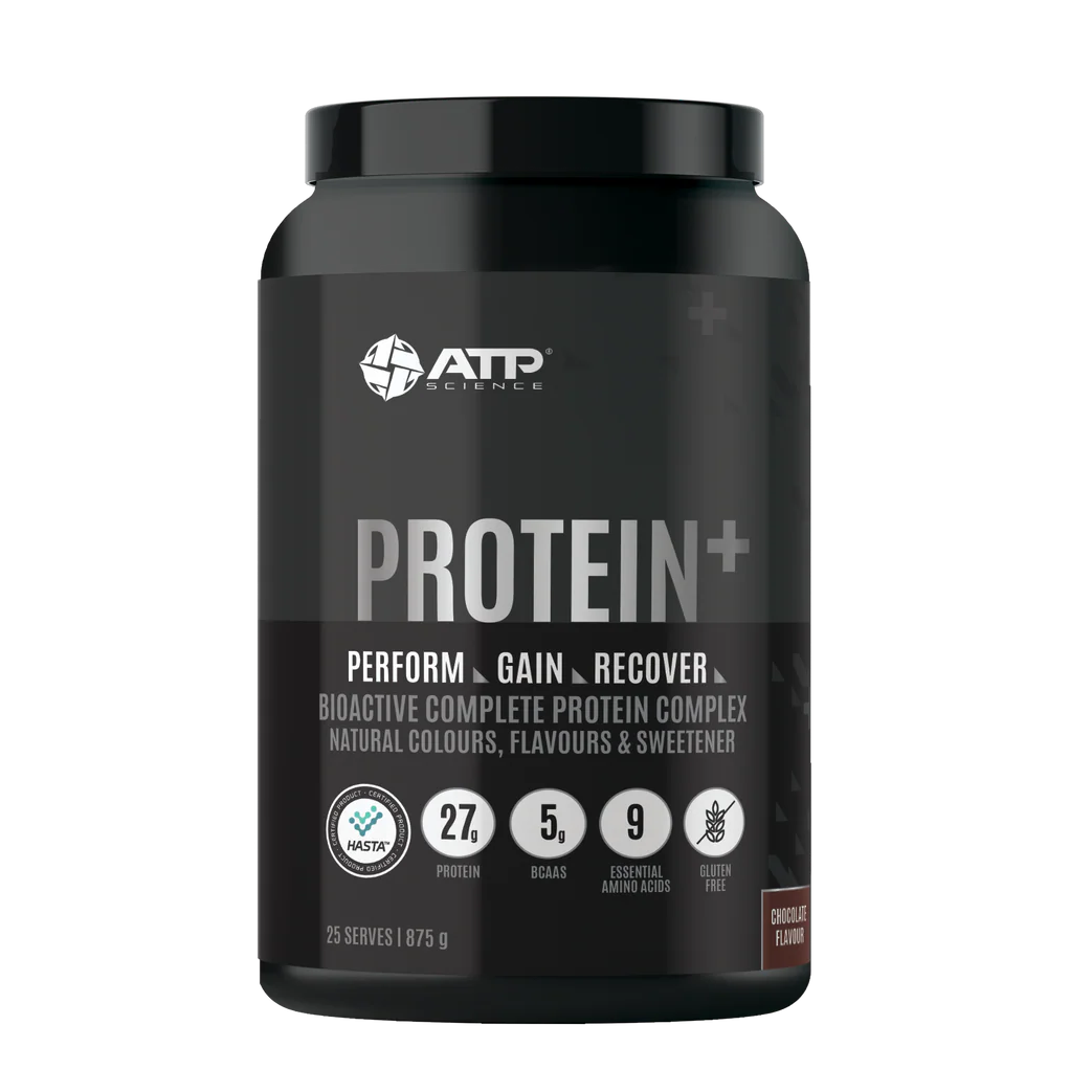 Black protein supplement container with ATP Science branding on a white background