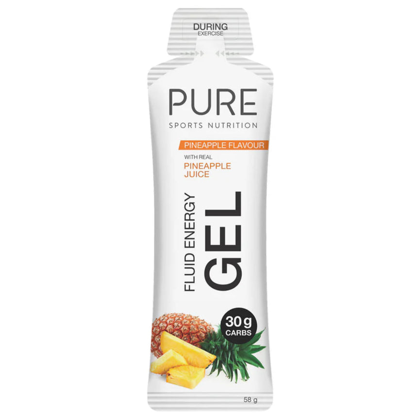 PURE Sports Nutrition Fluid Energy Gel packaging with pineapple flavor on a white background